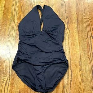 Michael Kors High Neck Crossback Shirred Black Swimsuit Size 12
